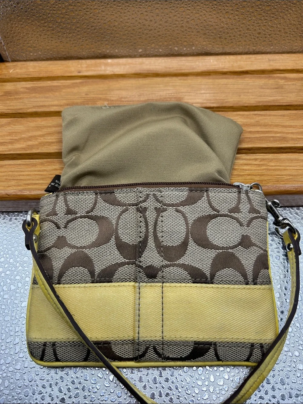 COACH 40028 Legacy Stripe Yellow Brown Monogram Zip Leather Wristlet Tag 6” X 4”